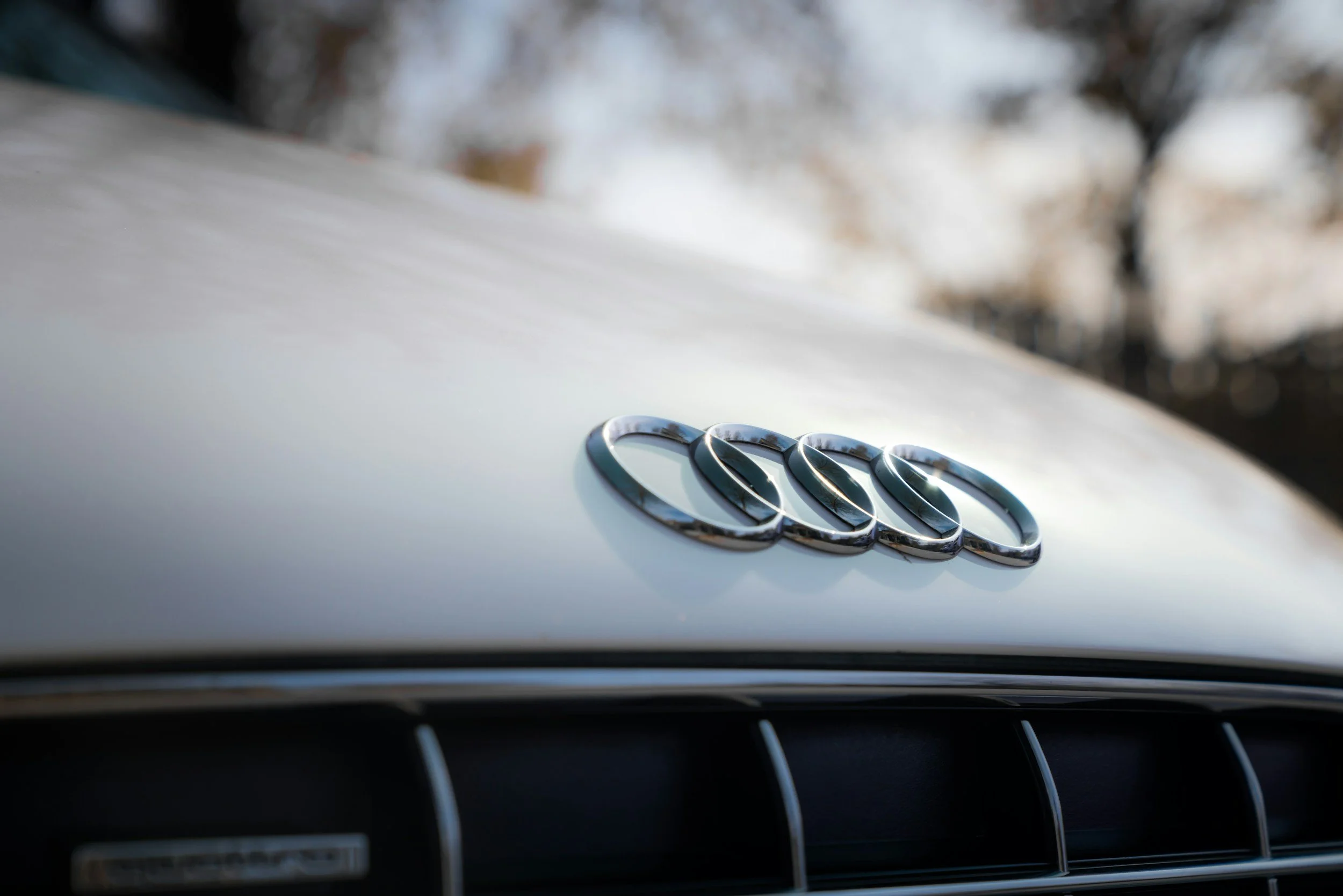 Close-up of an Audi logo on a silver car hood with blurred background.
