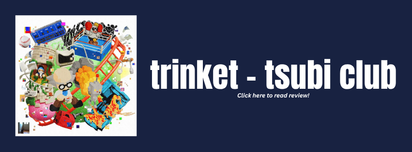 Colorful assortment of children's toys surrounding a sign that reads 'trinket - tsubi club' with a smaller text saying 'Click here to read review!'