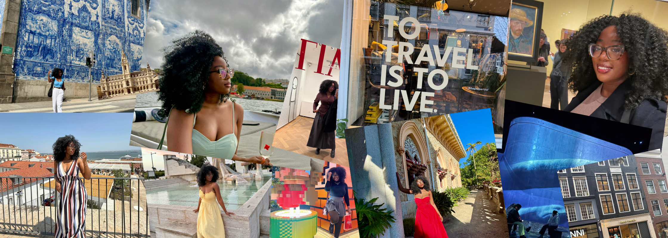 A collage of photos including a woman with curly hair and glasses in various outdoor and indoor settings, iconic architecture, and city scenes.