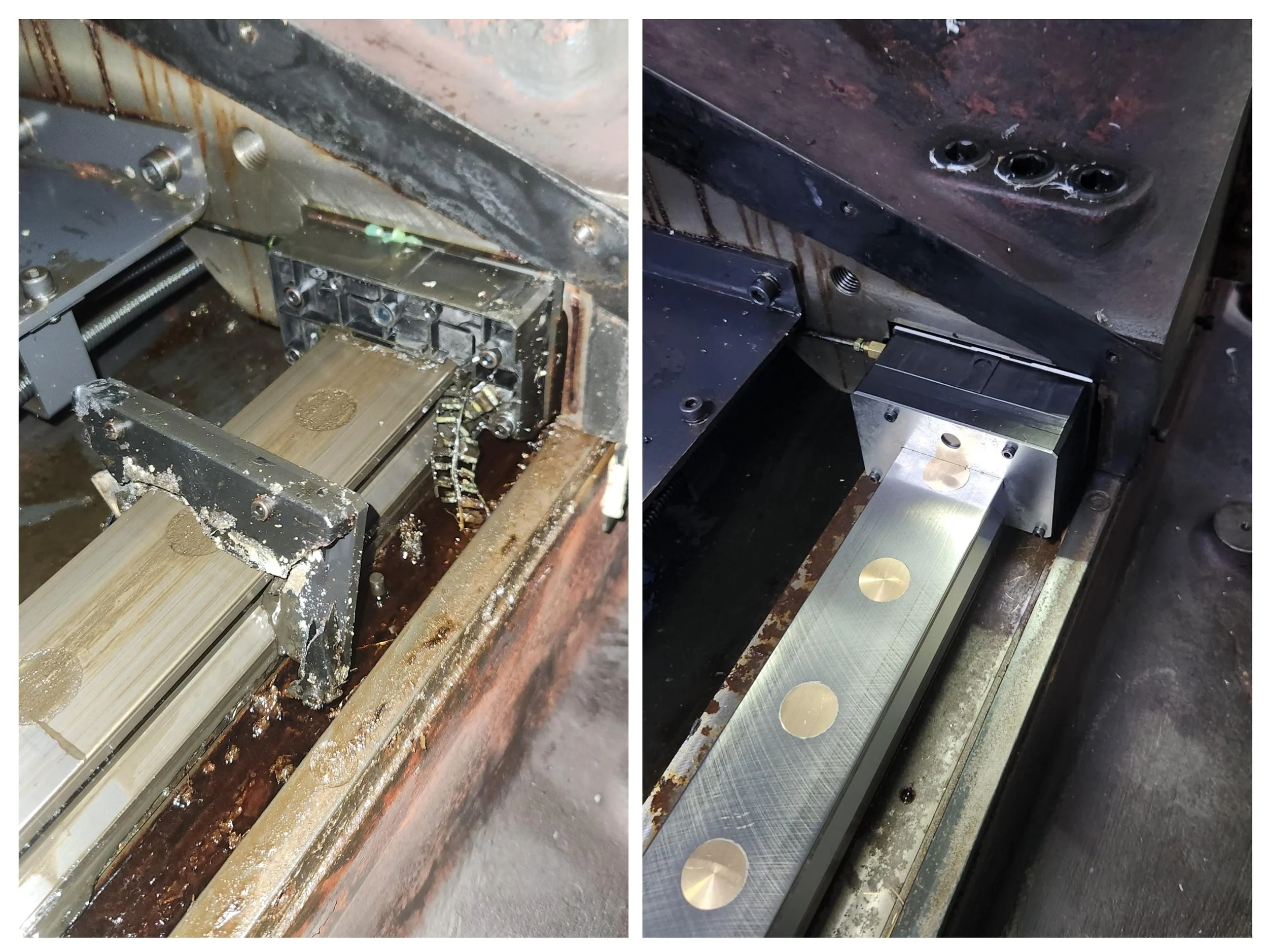 Comparison of a metal machinery part before and after cleaning or refurbishment, showing rust and dirt removal.