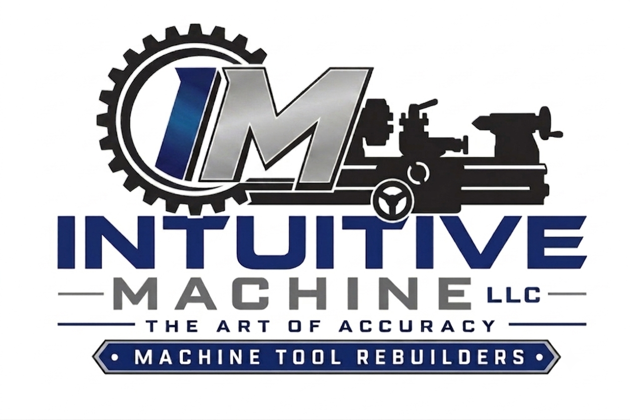 Logo for Intuitive Machine LLC with a gear, machinery, and tool imagery, emphasizing accuracy and machine tool rebuilding.
