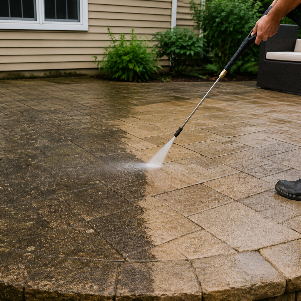 Person power washing a patio