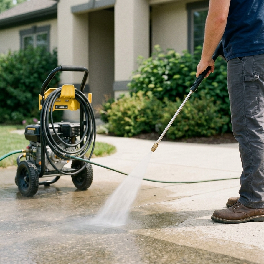 A person using a pressure washer to clean a concrete driveway in front of a house.