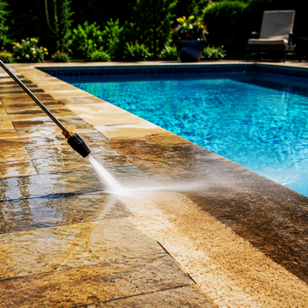 A person using a pressure washer to clean beige and brown stone tiles around a swimming pool. The pool has blue water, with a garden and outdoor furniture in the background.