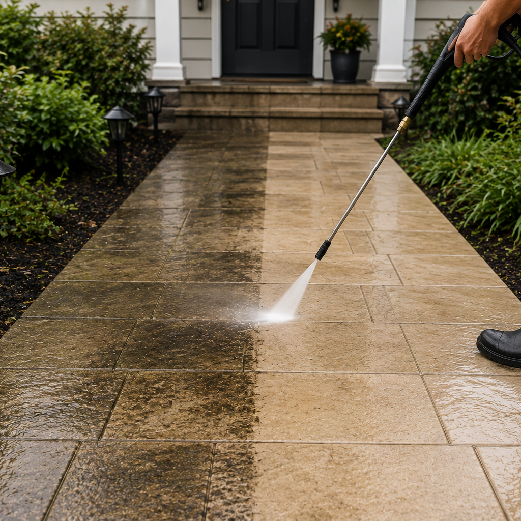 Person using a pressure washer to clean a wet stone walkway in front of a house with planters and bushes on either side.