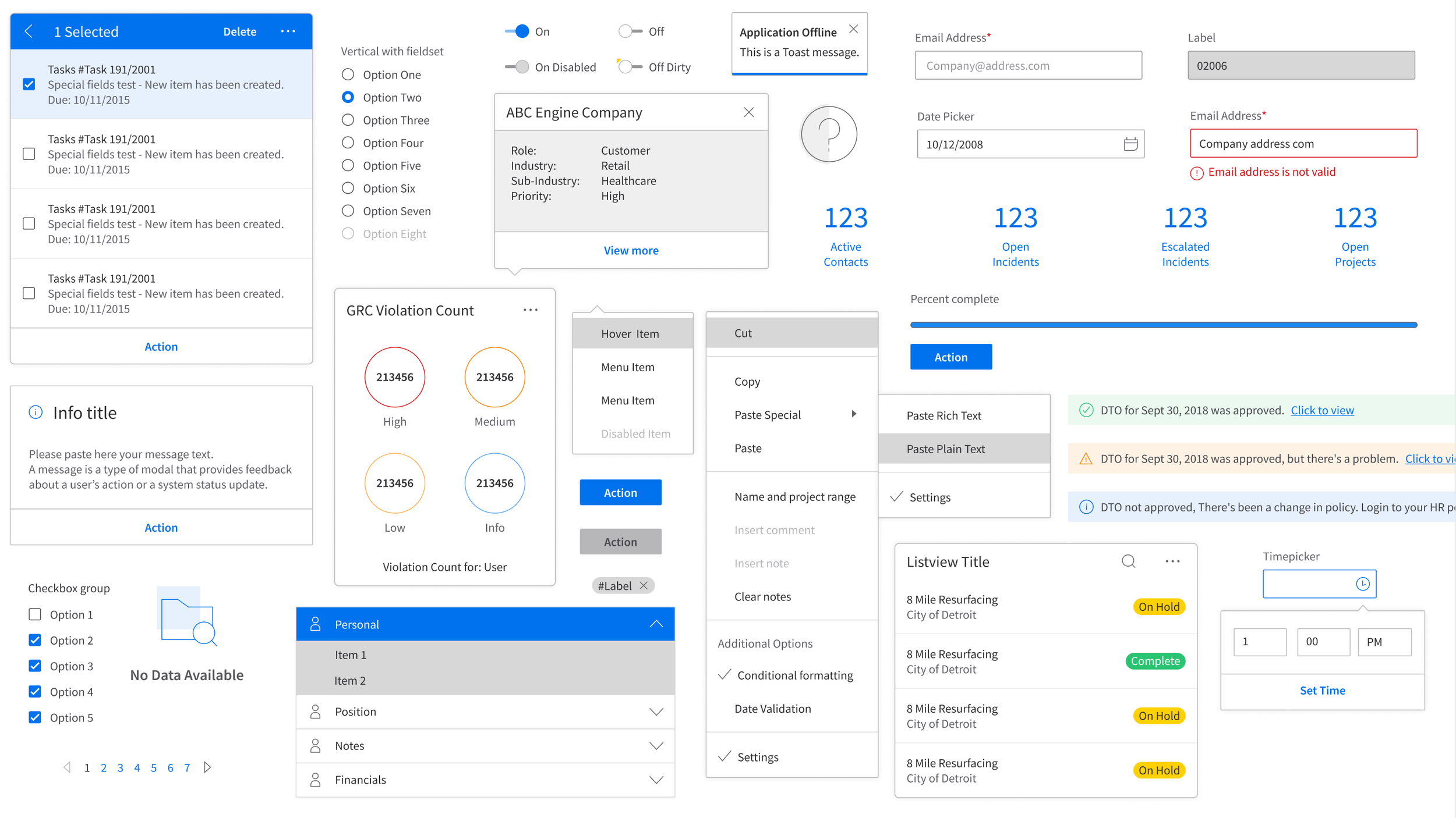 Screenshot of a user interface with various data entry and management elements including task lists, contact info, dropdown menus, charts, and icons. It includes task checkboxes, a list of options, charts showing violation counts, and buttons for actions like copying, pasting, and setting times.