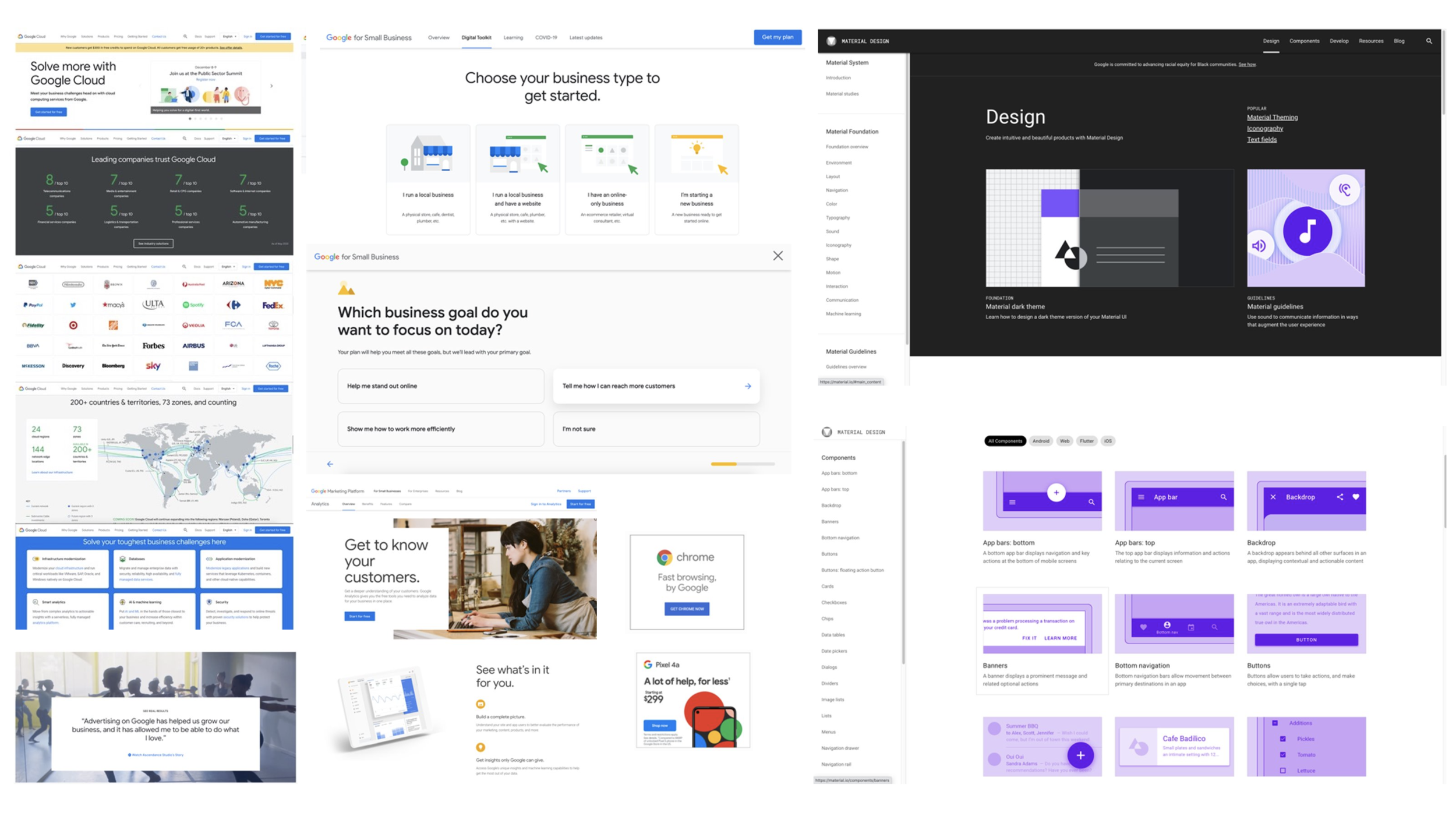 Collage of multiple web pages related to business and technology. Includes Google Cloud, business goal selection, material design, app components, and marketing platforms.