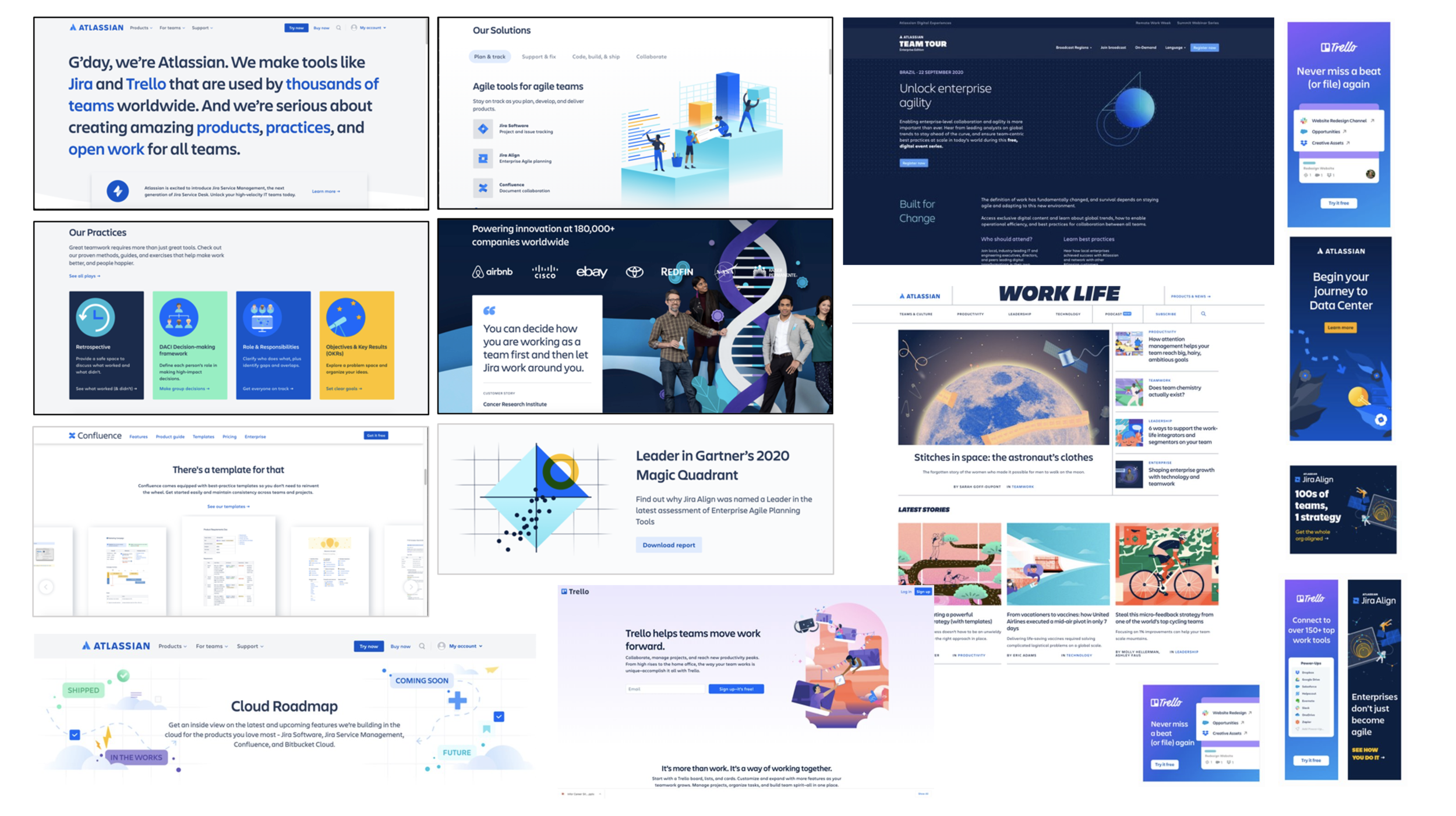 A collage of multiple webpage screenshots related to Atlassian, Jira, Trello, and project management tools and solutions, featuring various titles, graphics, charts, and informational content.
