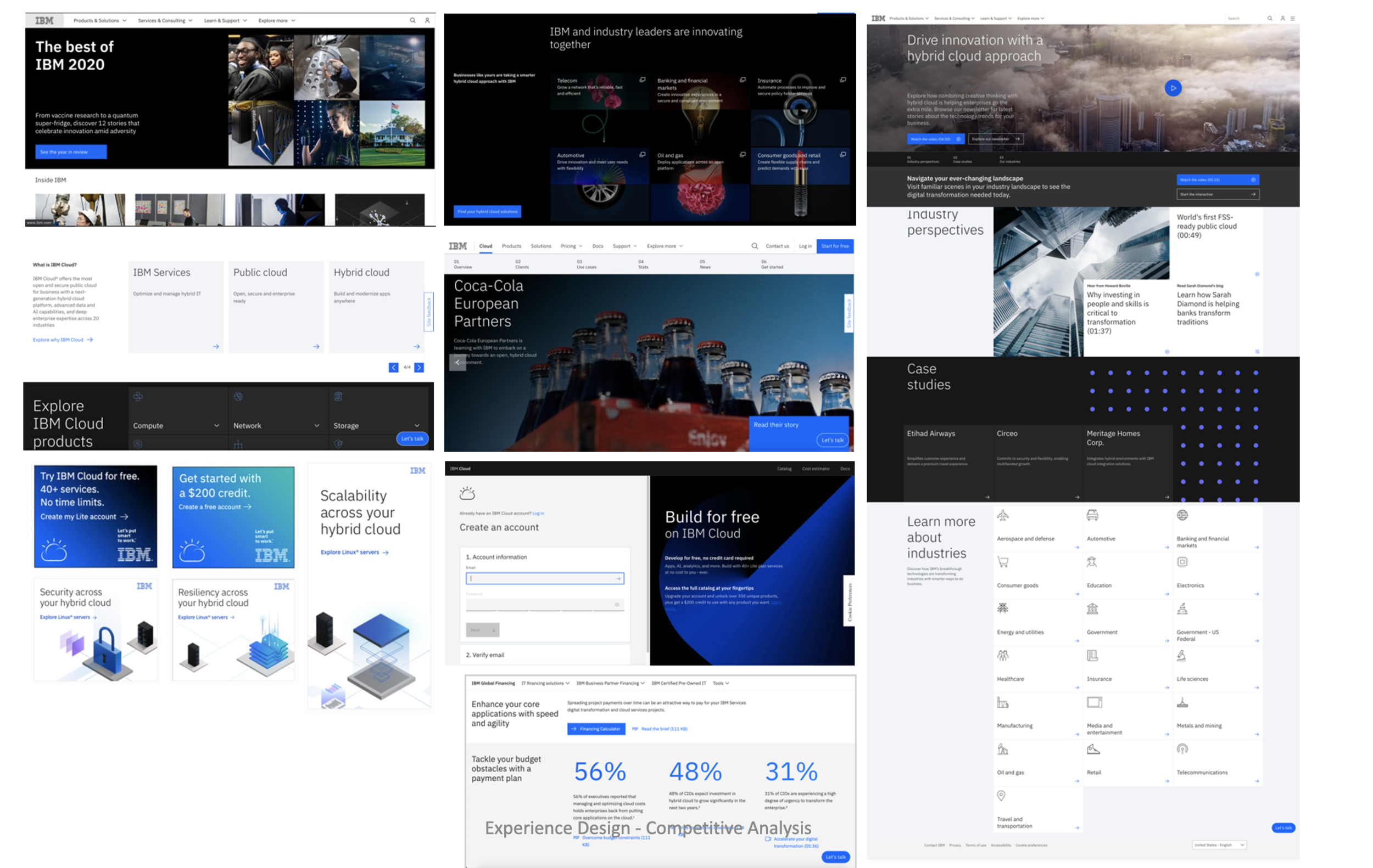 Collage of IBM webpage screenshots showcasing IBM's 2020 highlights, cloud services, industry solutions, case studies, and account creation process.