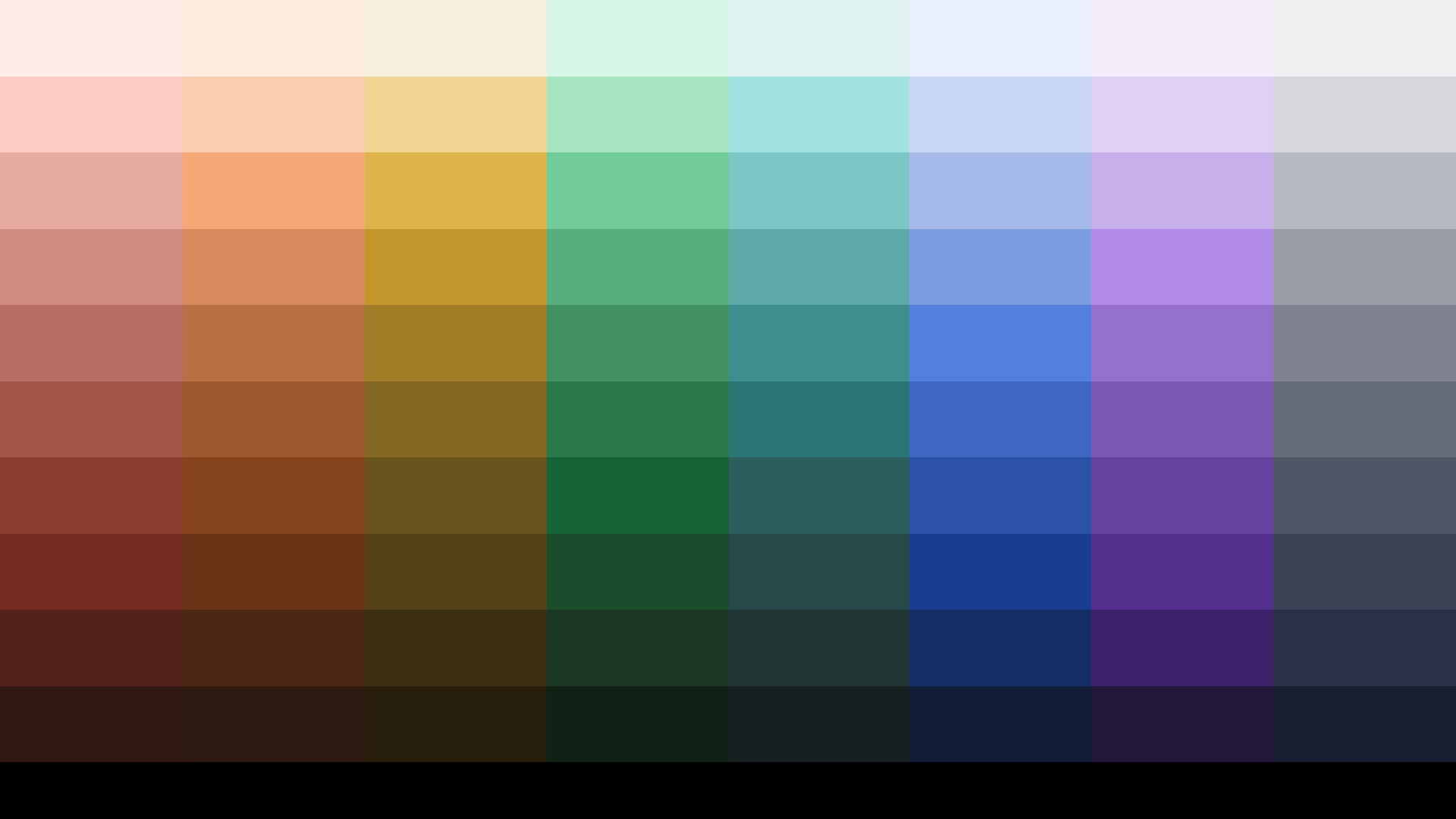 A colorful grid with various shades of colors arranged in a rainbow pattern.