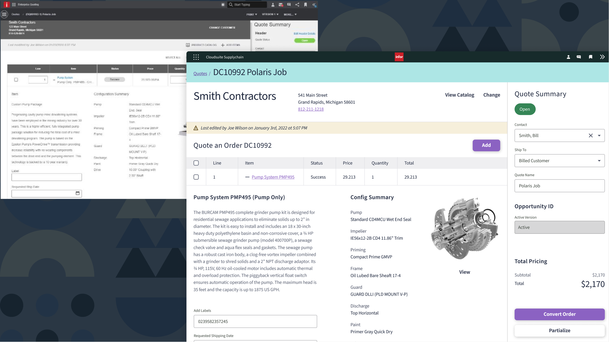 Screenshots of a billing or quote management system interface showing details for a Polaris job and pump system, including quote summary, customer information, product specifications, configuration, and total pricing.