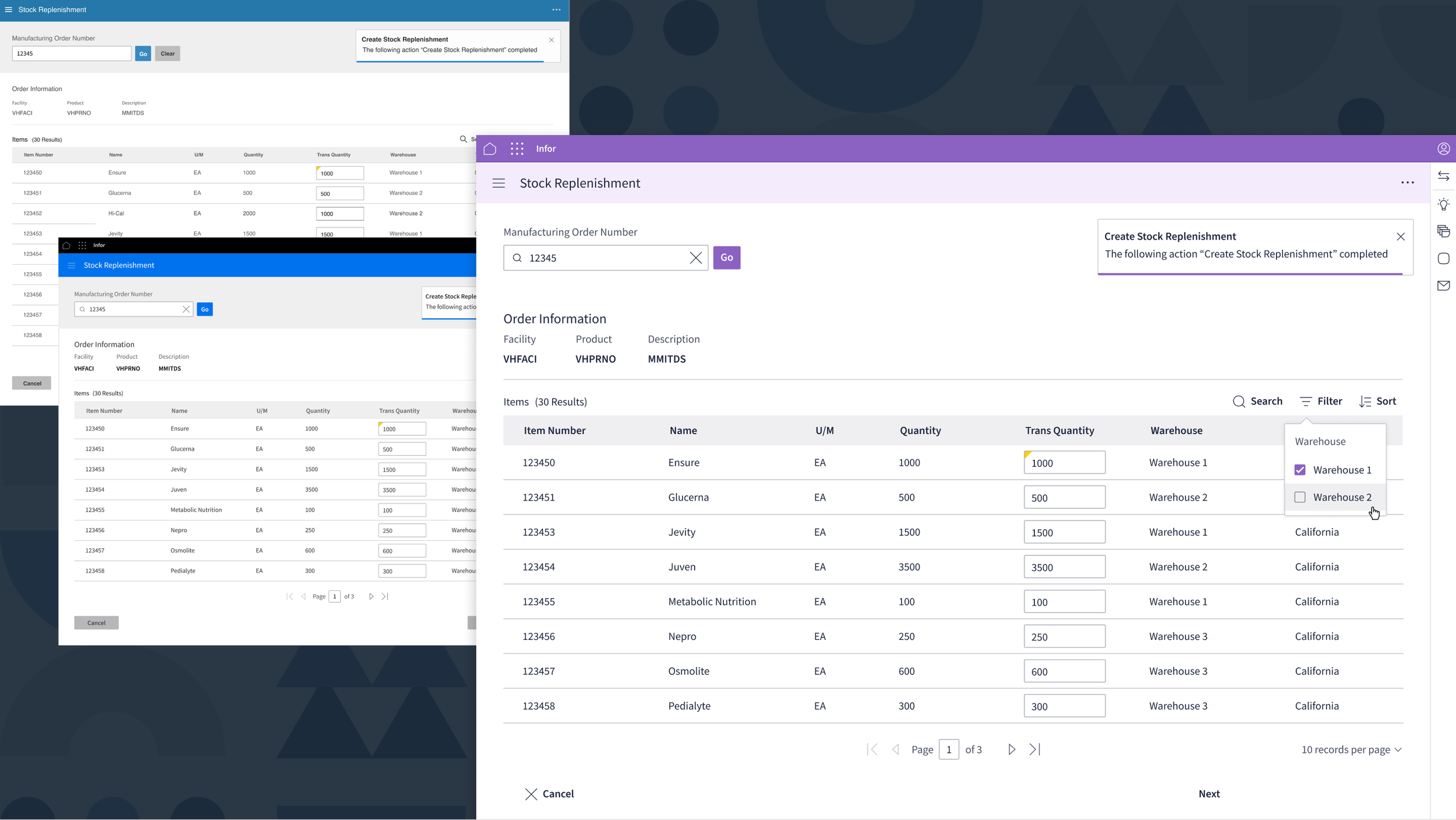 Screenshots of a stock replenishment software interface displaying order information for various products, with sections showing order details, items, and warehouses, and a search bar for entering a manufacturing order number.