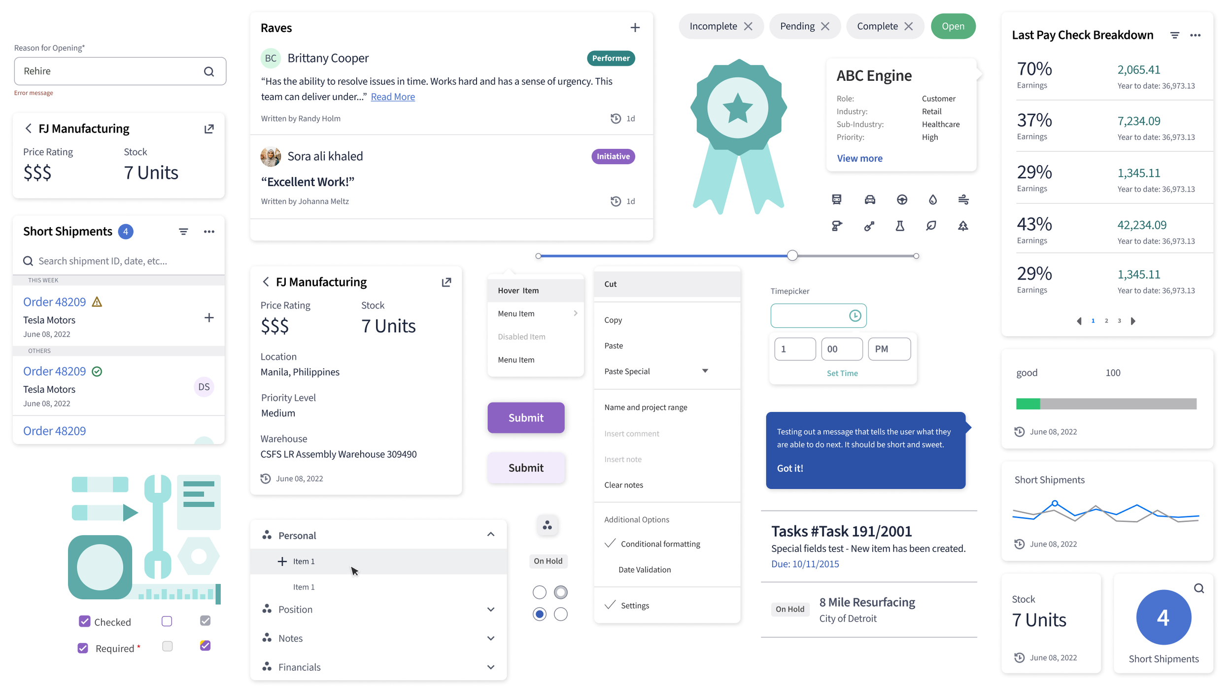 A digital dashboard displaying various sections related to manufacturing and shipment management. Features include order details, shipment statuses, employee recognition, pay check breakdowns, task lists, and performance charts.