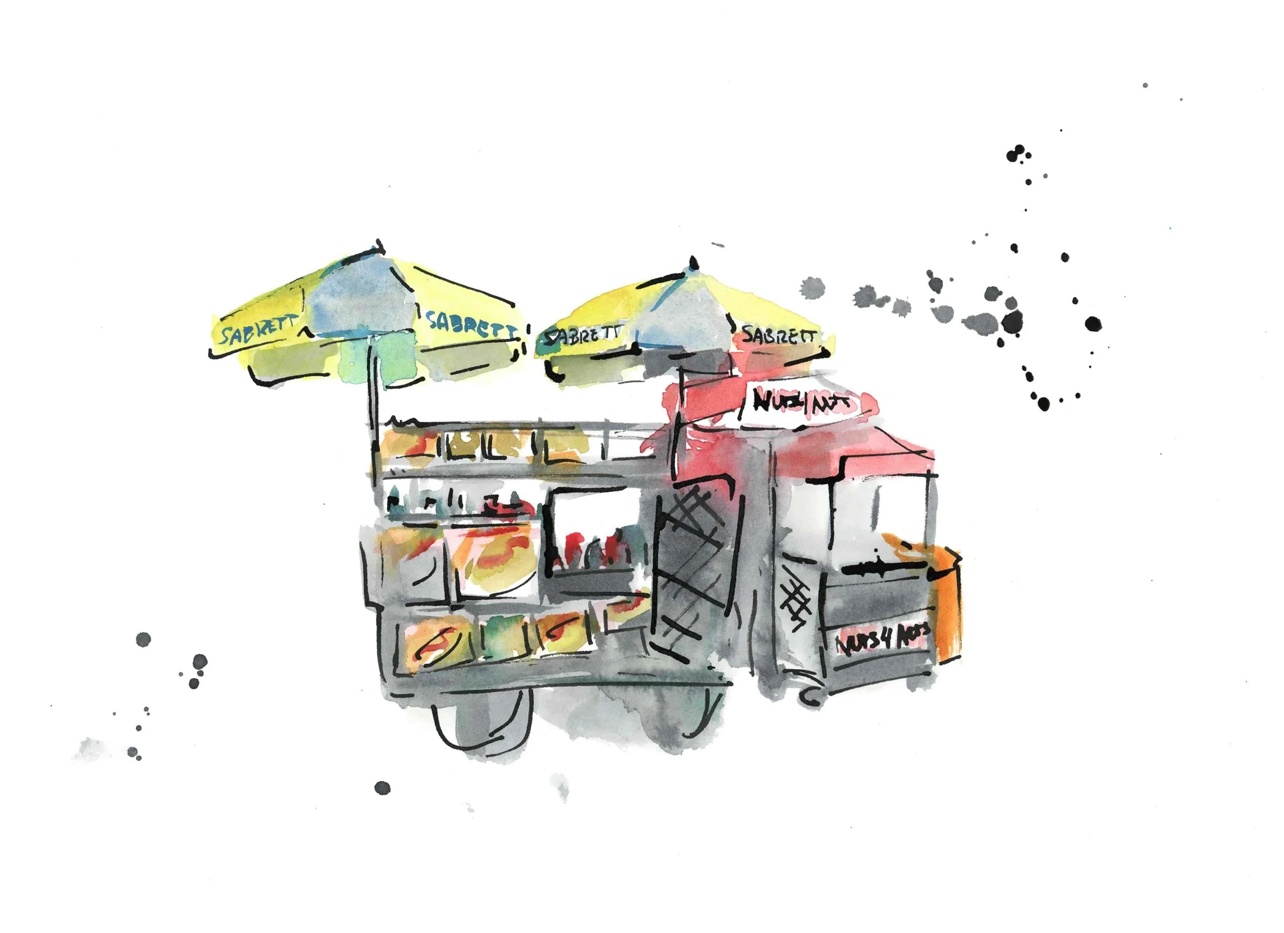 Watercolor cityscape illustration of New York hotdog cart and culture.