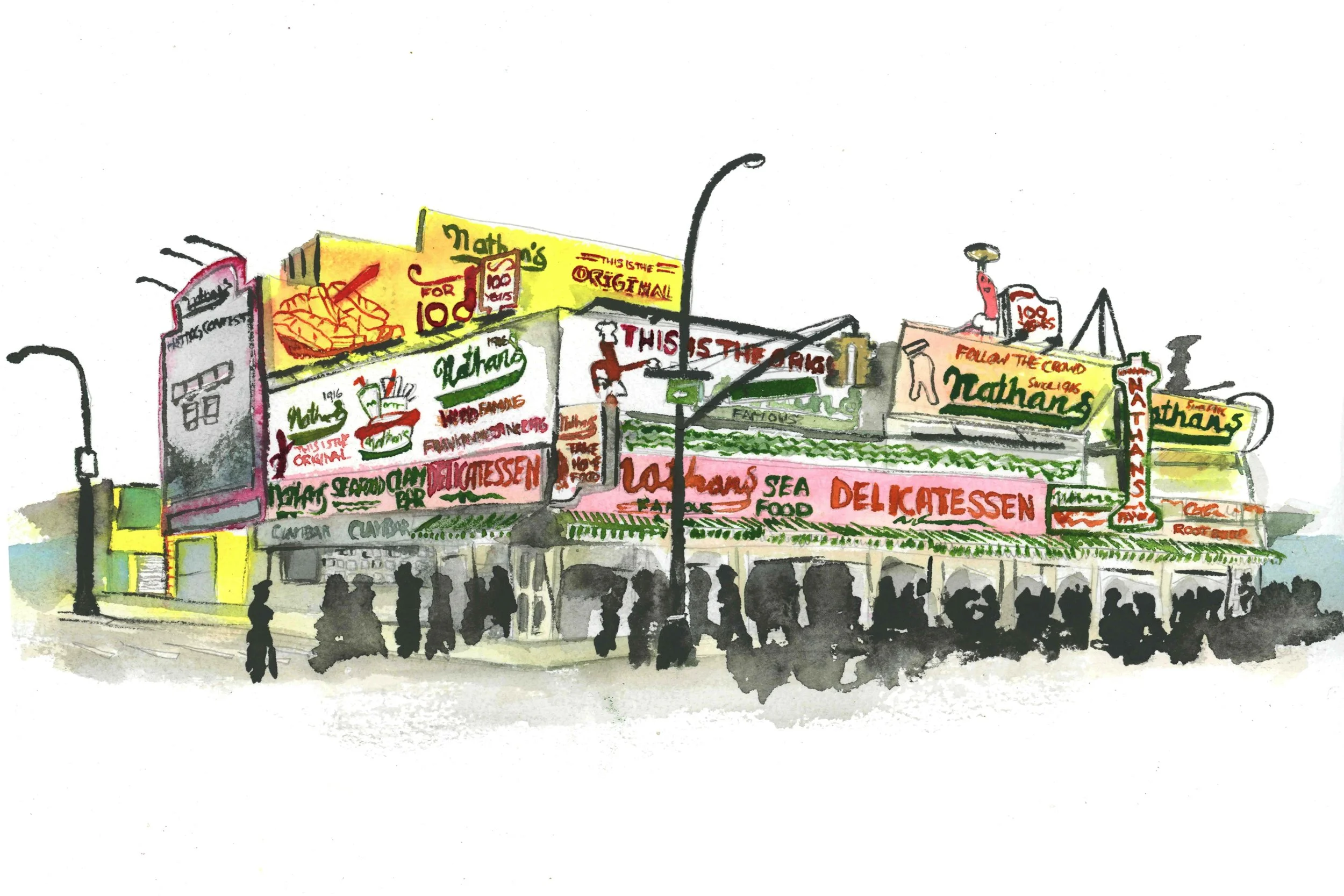Brooklyn, New York-focused watercolor lifestyle illustration of Nathan's Hot Dog in Coney Island, capturing the iconic eatery and vibrant atmosphere.