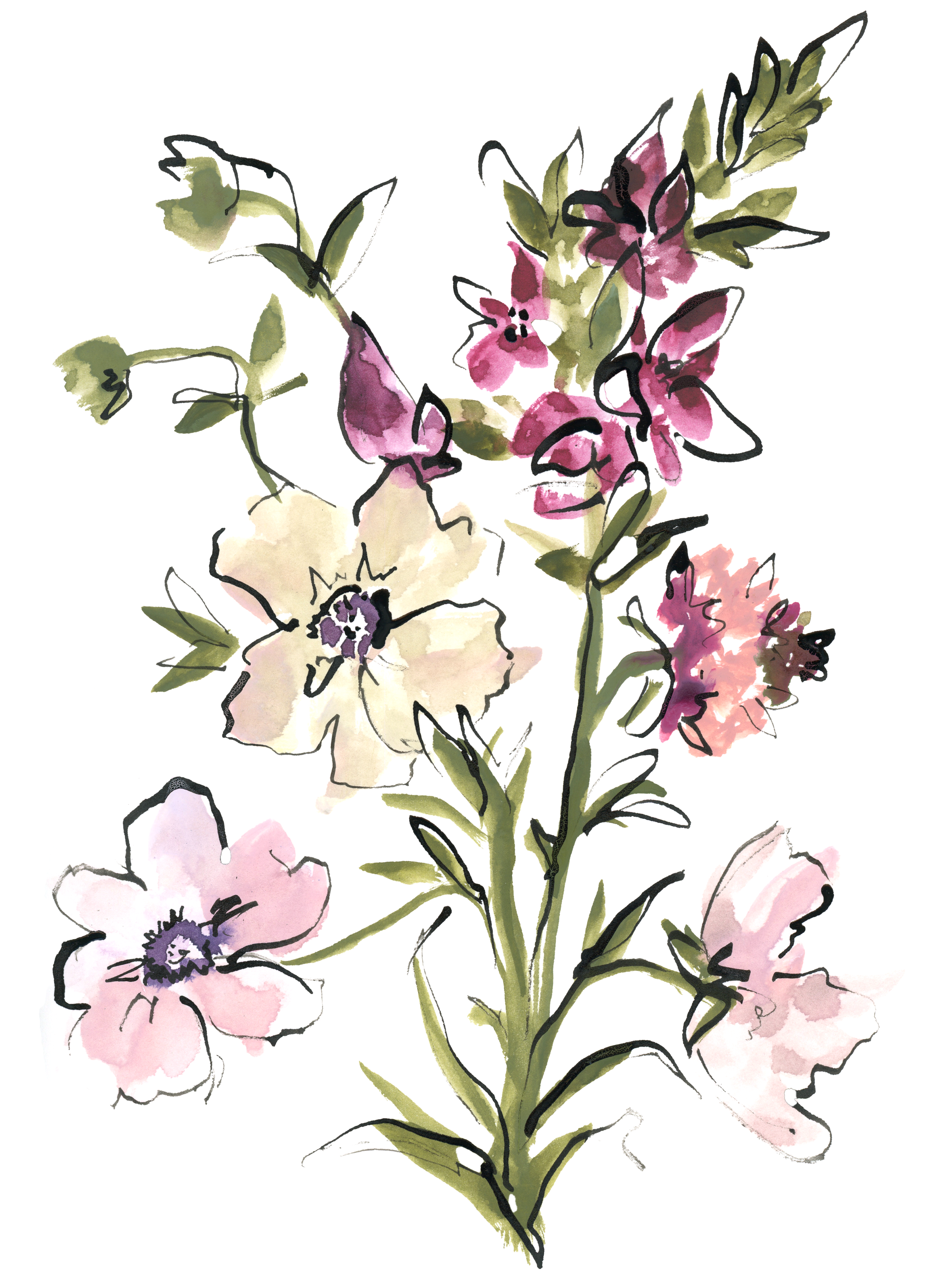 Watercolor floral illustration with expressive brushwork and vibrant color.
