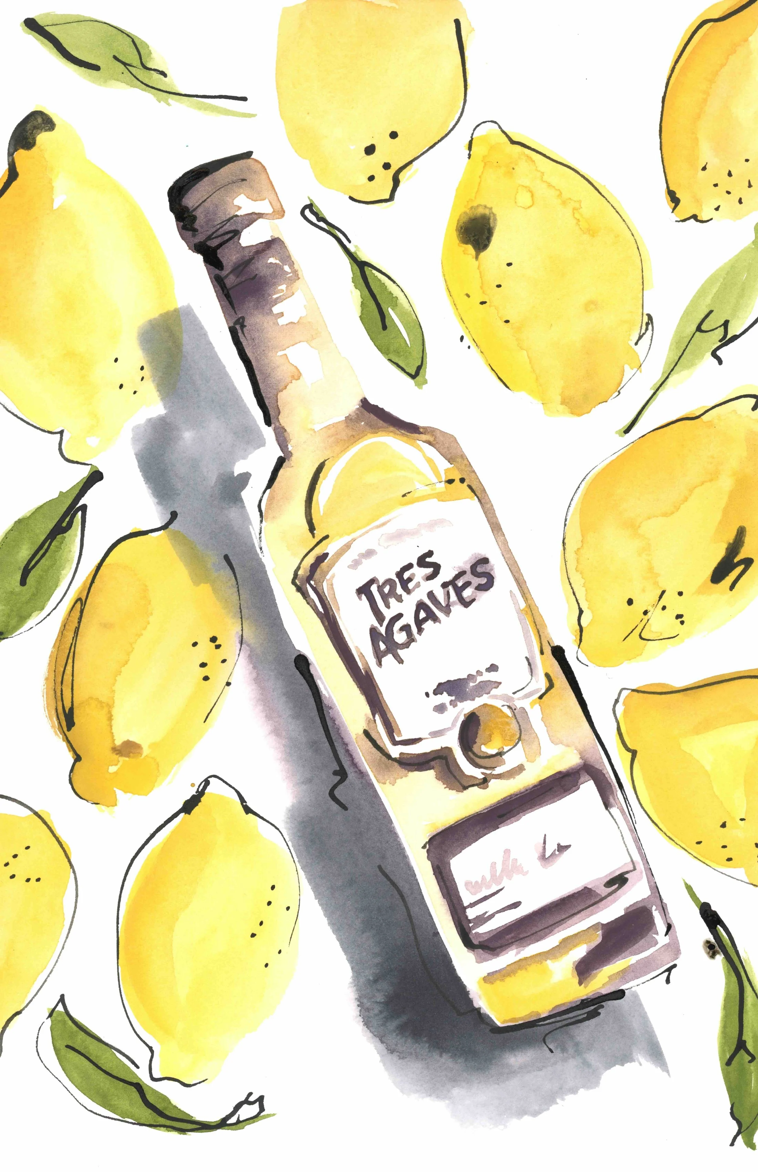Food product art featuring Tres Agaves Tequila and fresh lemons, capturing the vibrant yellow tones of the lemons paired with the sleek, elegant bottle design for a refreshing, lively composition