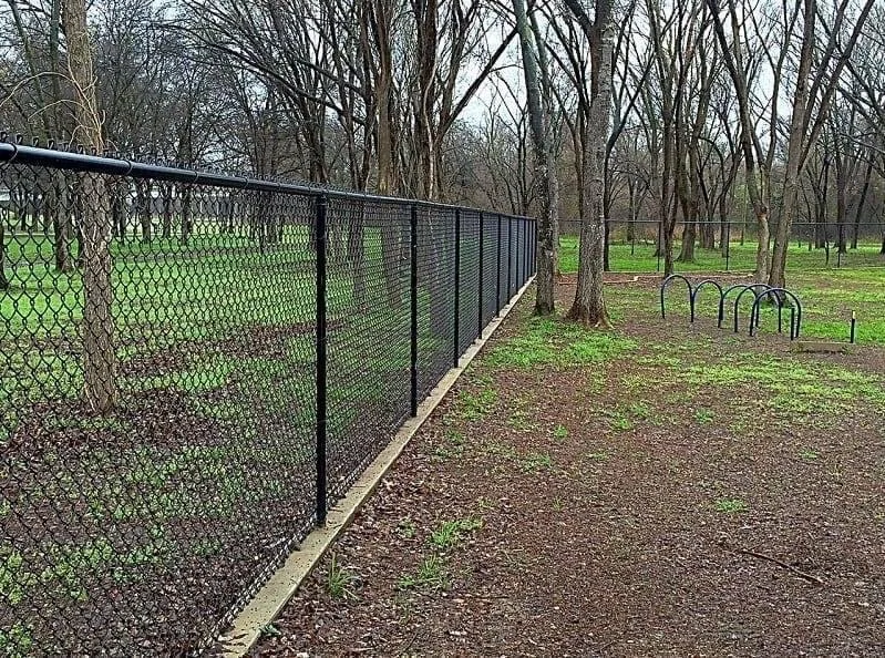 A chain-link fence runs alongside a park with grass and leafless trees, with a bike rack visible in the background.