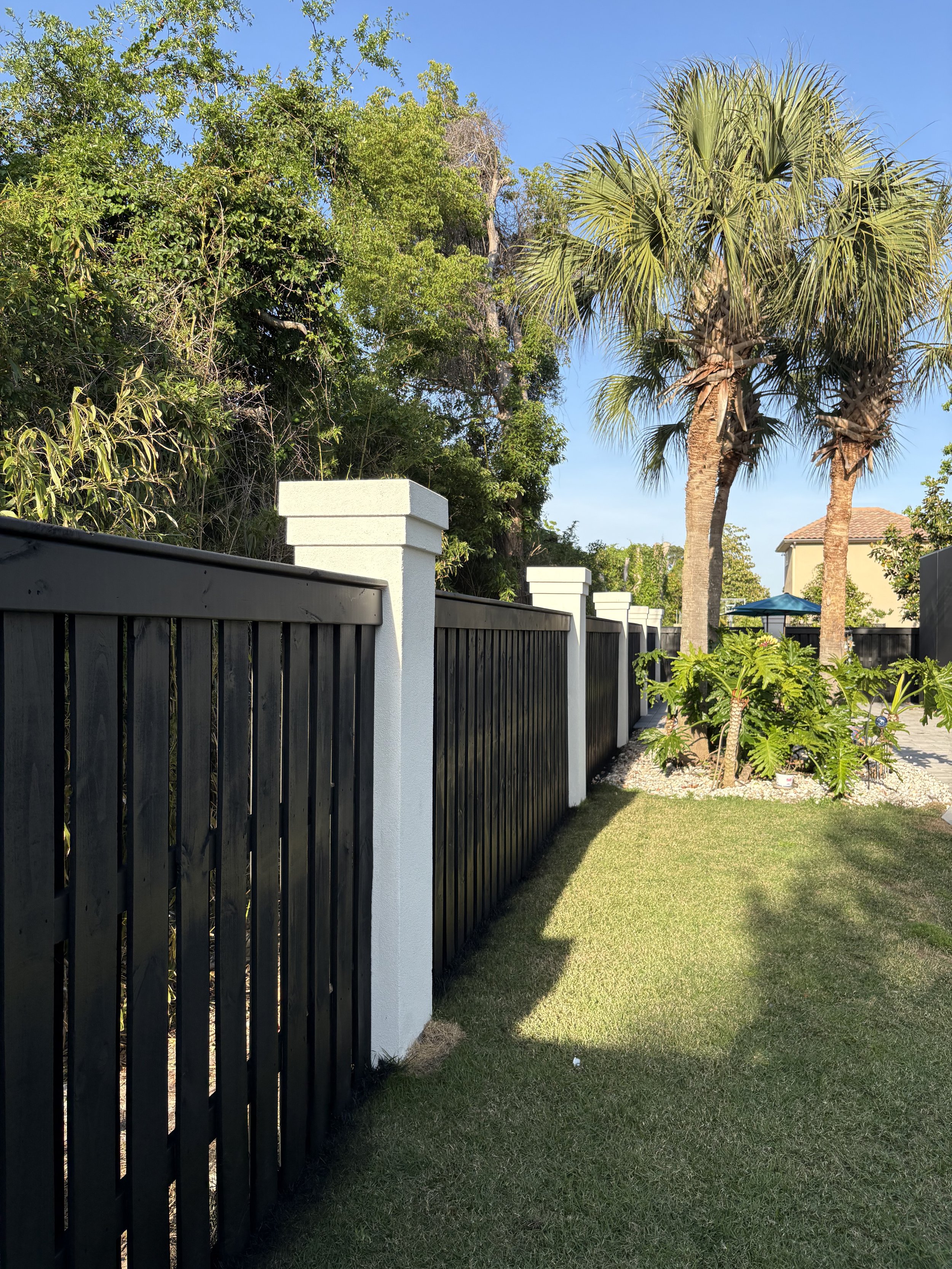 A backyard scene with a black fence, a white gate post, lush green grass, tall palm trees, and various other trees under a clear blue sky.