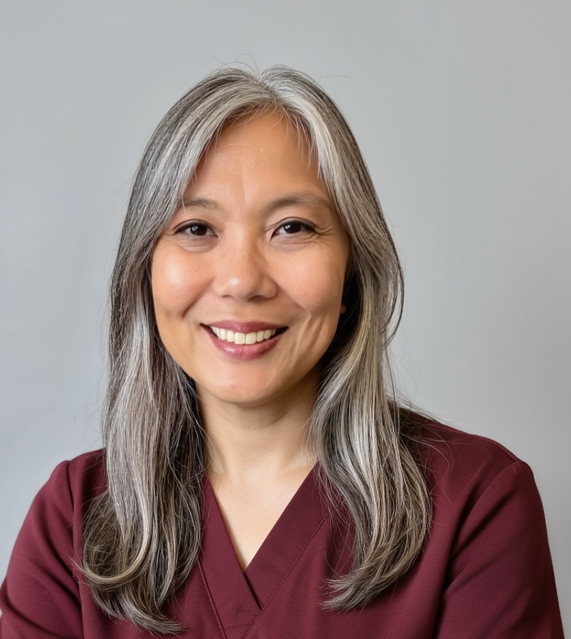 Portrait of a smiling woman with long gray hair wearing a maroon scrub top against a plain light gray background.