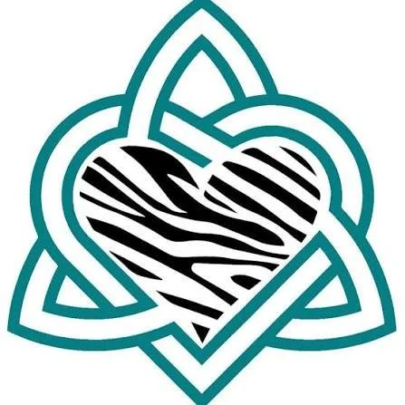 A stylized logo featuring a heart with zebra stripes inside a Celtic knot design.