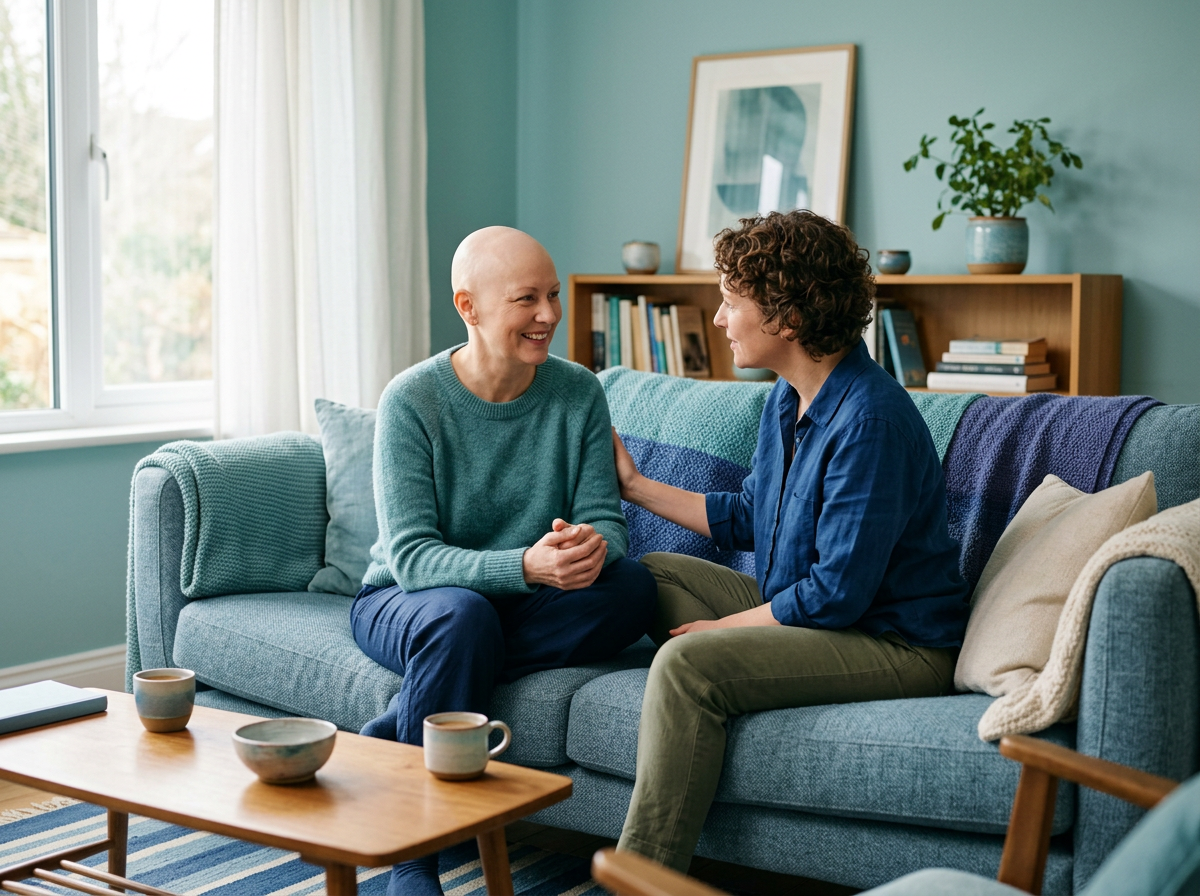 A woman with a bald head and a woman with curly hair sitting on a blue couch, smiling and talking in a cozy living room with a window, books, plants, and artwork.