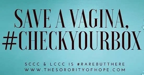 Blue background with black text reading, "Save a Vagina, #CheckYourBox," followed by smaller text about SCCC, LCCC, and a website URL.