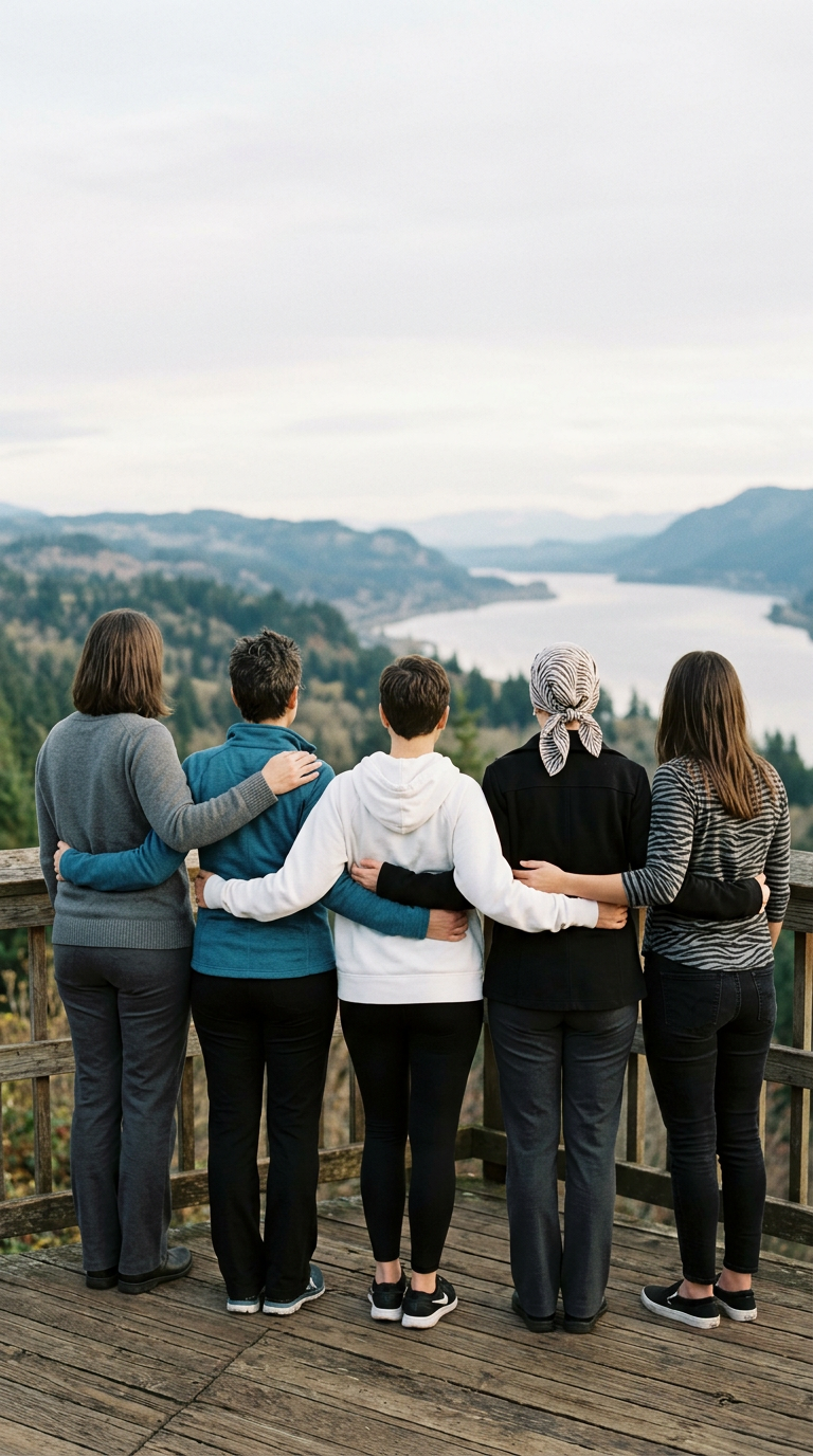 Five people standing on a wooden balcony, facing away, overlooking a river and mountainous landscape.