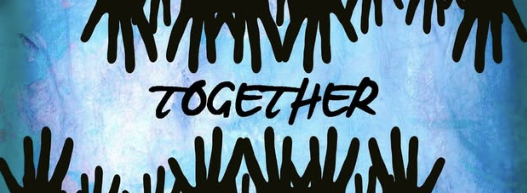 A blue background with black silhouettes of hands reaching toward the center. The words 'TOGETHER' in bold letters and 'WAVES' in black handwritten text in the middle.