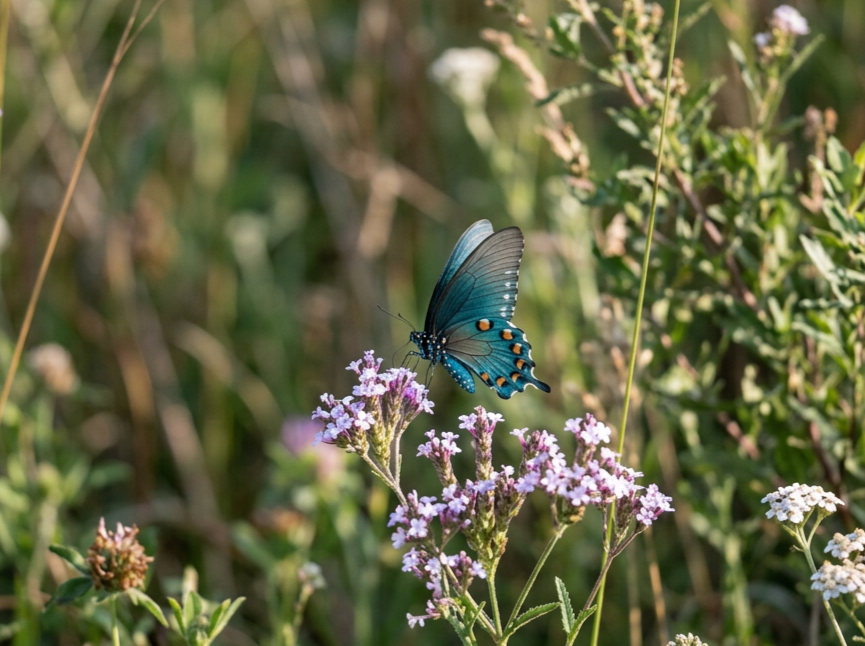 A blue butterfly perched on pink and purple flowers in a natural outdoor setting.