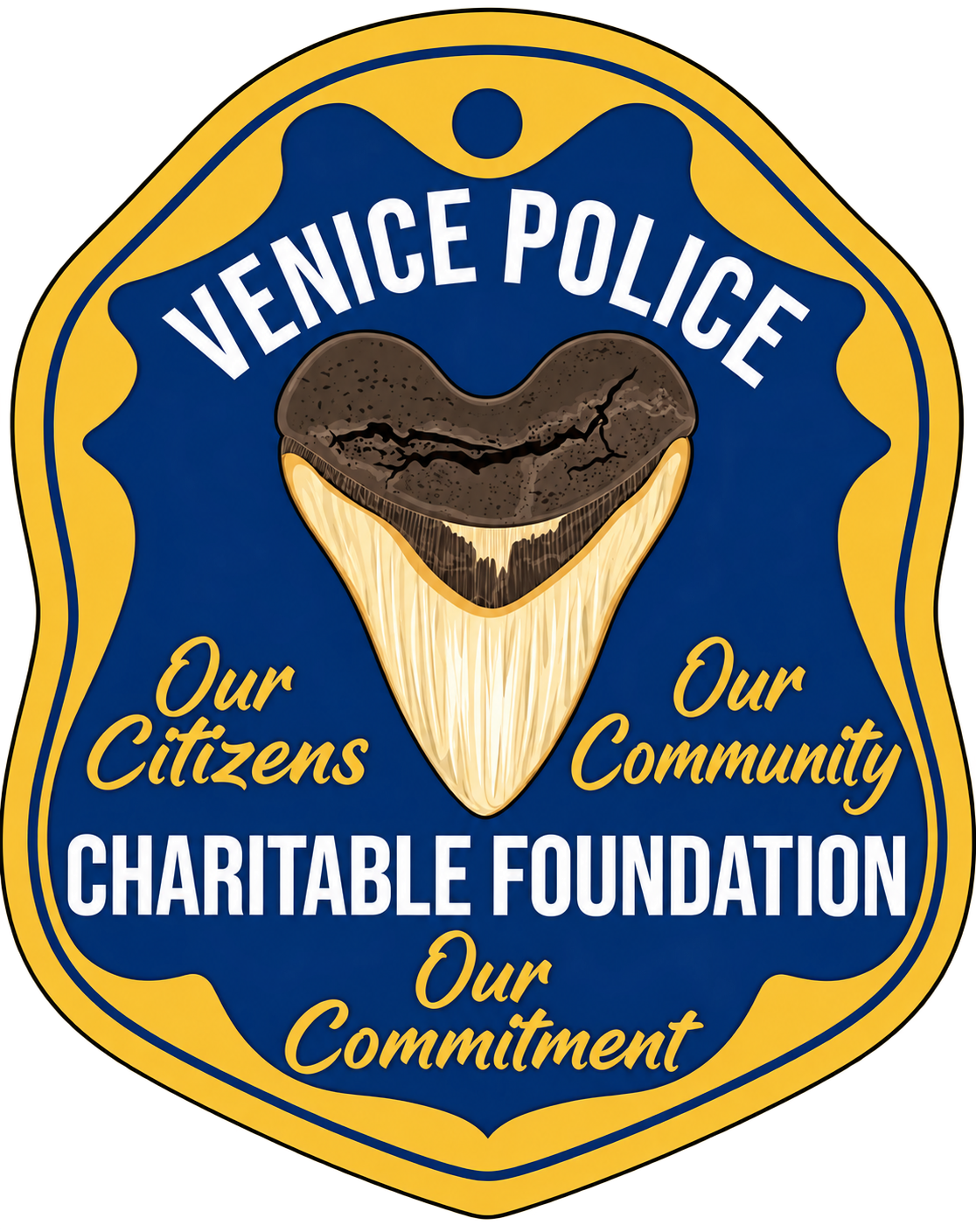 A badge representing the Venice Police Charitable Foundation featuring a shark tooth emblem and various slogans about community and commitment.