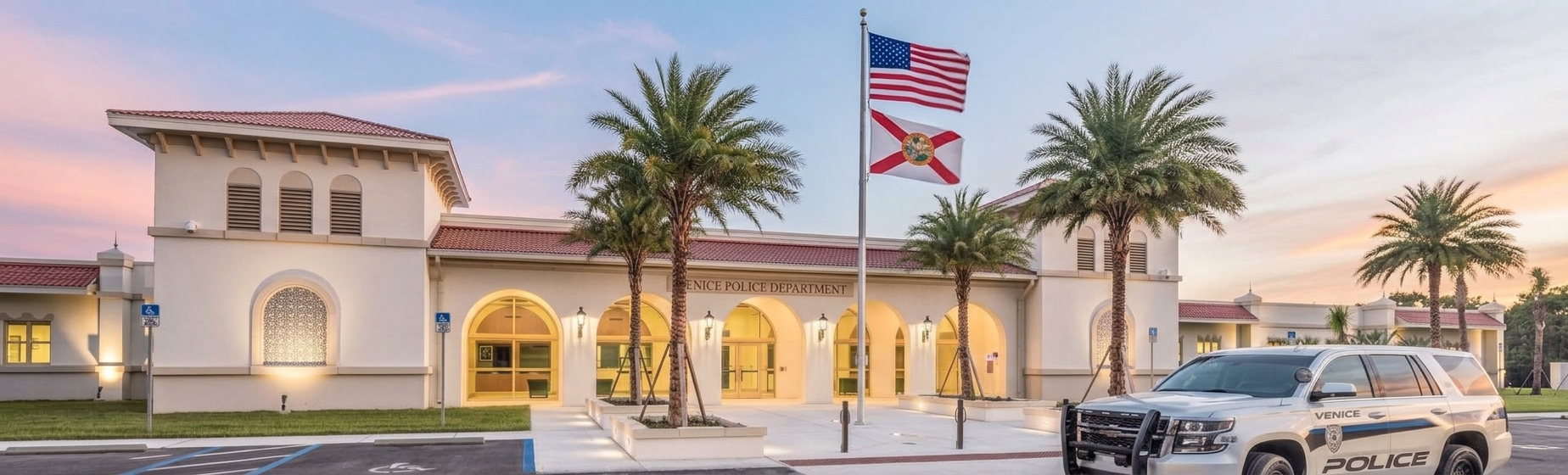 Venice Police Department building with American and Florida flags, palm trees, and police vehicle parked outside during sunset.