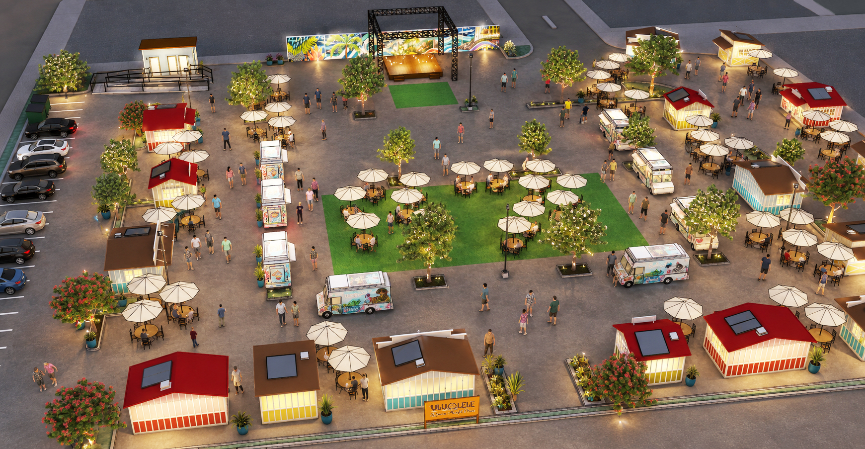 Aerial rendering of ʻUlu o Lele with storefronts around a central gathering area, an outdoor stage, and parking.