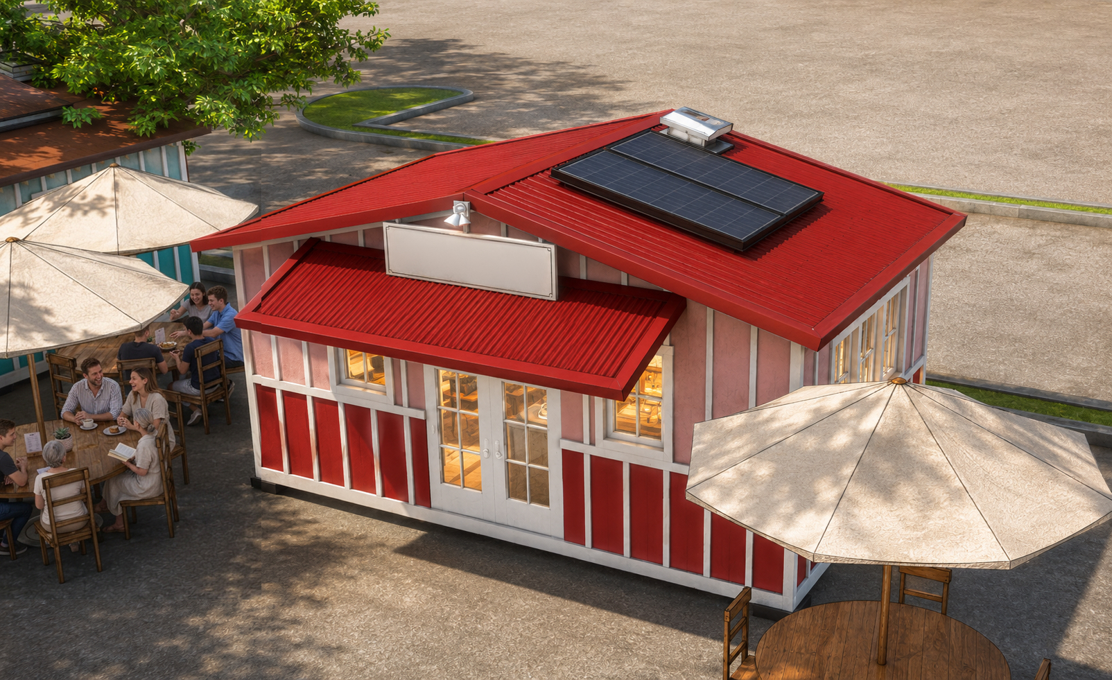 Red storefront at ʻUlu o Lele, with a covered entrance and outdoor seating.