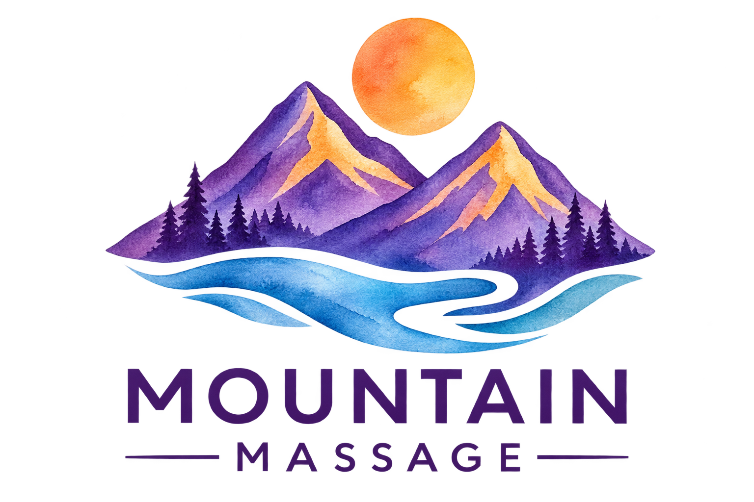 Watercolor style illustration of a mountain landscape with snow-capped peaks, a large orange moon in the sky, pine trees at the base, and a winding river in the foreground, with the words 'MOUNTAIN' and 'TRAIL' at the bottom.