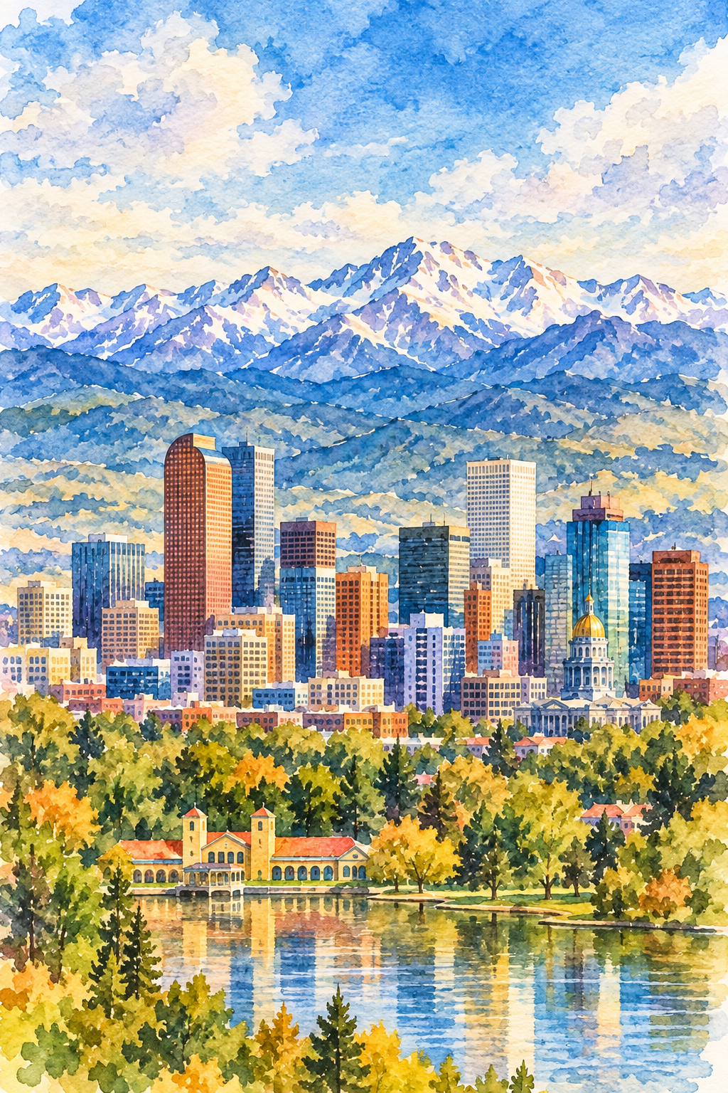 Watercolor painting of a city skyline with tall skyscrapers, a historic building with a golden dome, lush green trees, and a river in the foreground, set against snow-capped mountains and a partly cloudy sky.