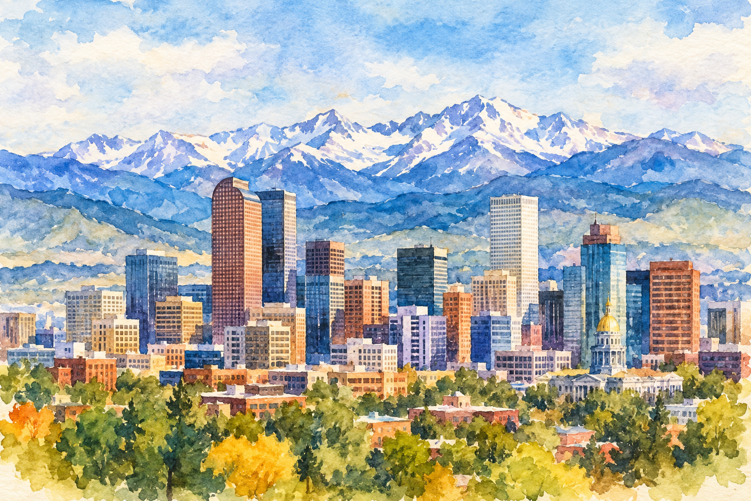 Watercolor painting of a city skyline with tall buildings, a white historic building with a gold dome in the foreground, and snow-capped mountains in the background under a partly cloudy sky.