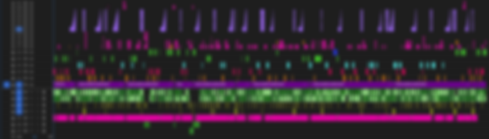 A digital audio workstation screen with colorful audio tracks, waveforms, and editing tools.