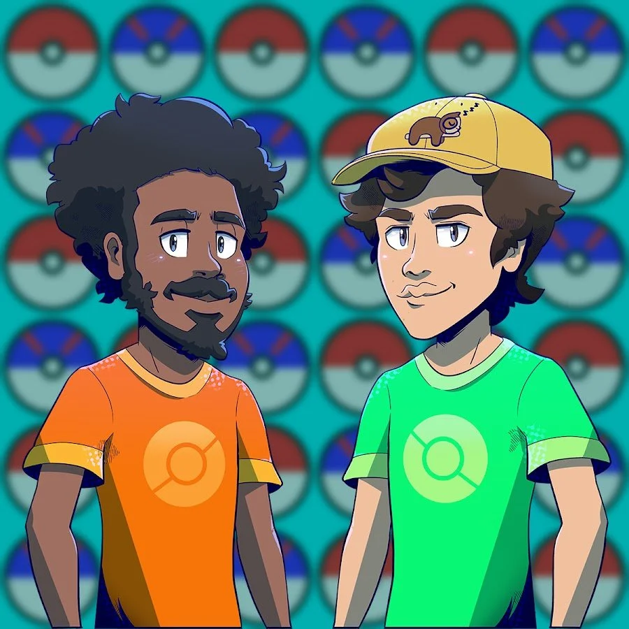Two animated characters in front of a background featuring multiple Poké Balls. One character has dark skin, curly hair, a beard, and is wearing an orange shirt. The other has light skin, wavy hair, and is wearing a green shirt and a yellow cap with a Pokémon logo.
