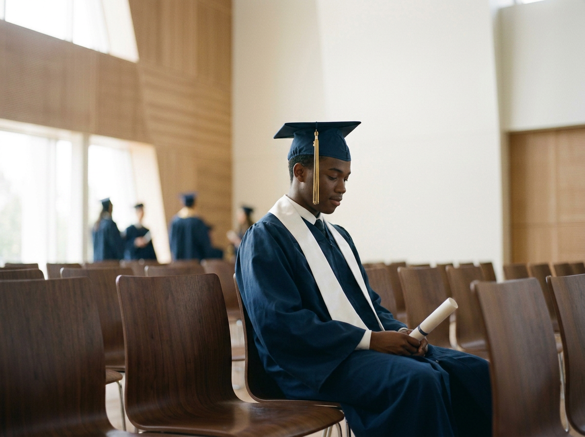 Young graduate in cap and gown holding his diploma during a graduation ceremony.