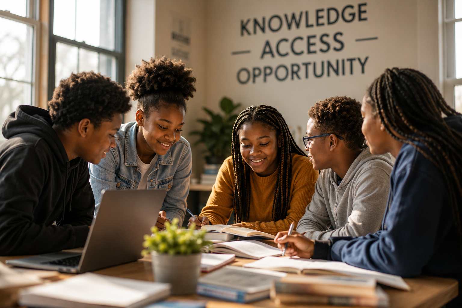 Group of five diverse young students working together at a table with open books and a laptop in a bright classroom, with a wall sign reading 'Knowledge - Access - Opportunity' in the background.