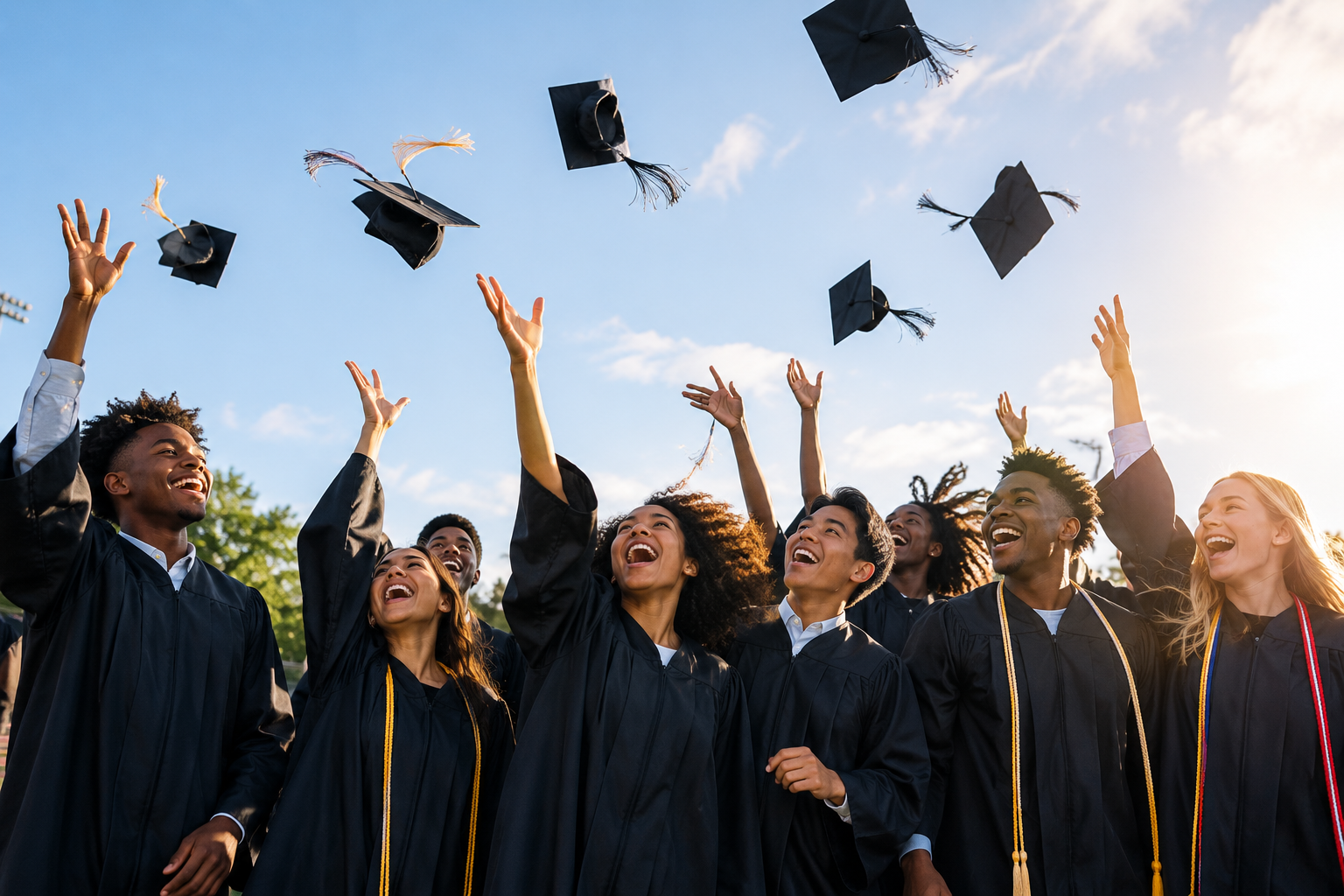 Group of diverse college graduates in caps and gowns celebrating as they toss their caps into the air outdoors on a sunny day.