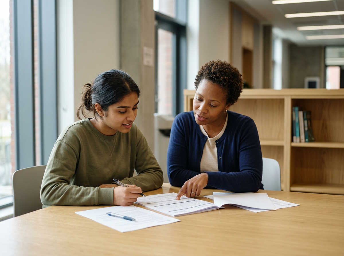 Two women reviewing documents together and receiving guidance with paperwork and resources.