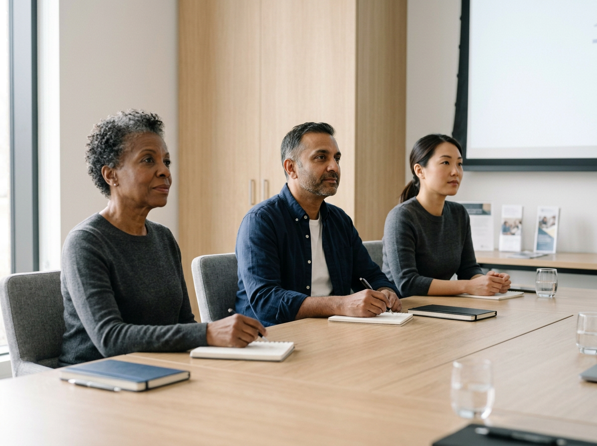 Three diverse people sitting at a conference table during a meeting, listening attentively. Each has a notebook or folder in front of them; there are glasses of water on the table, and a large screen or presentation is visible in the background.