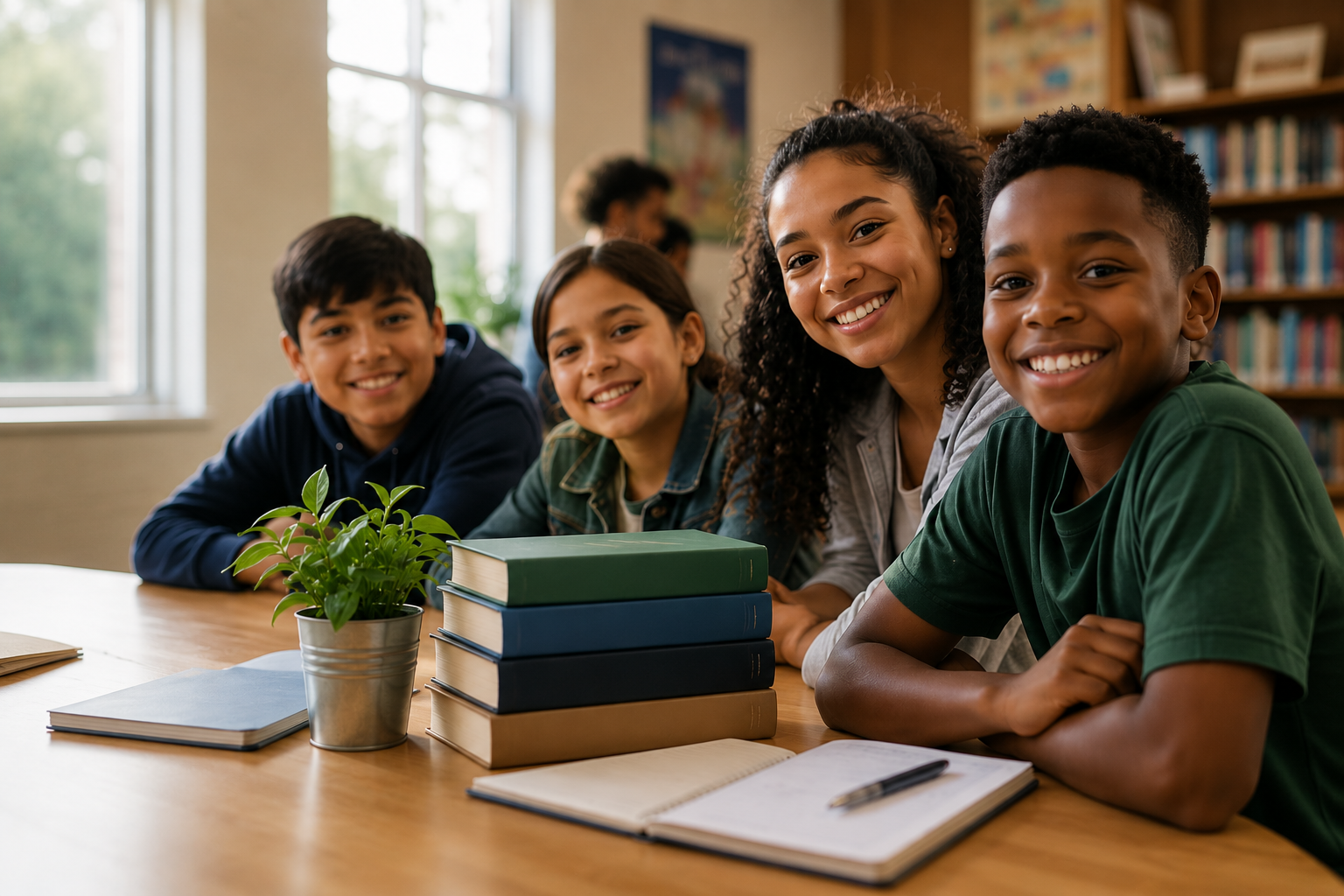Four smiling students sitting at a table in a library, with a potted plant, books, and notebooks in front of them.