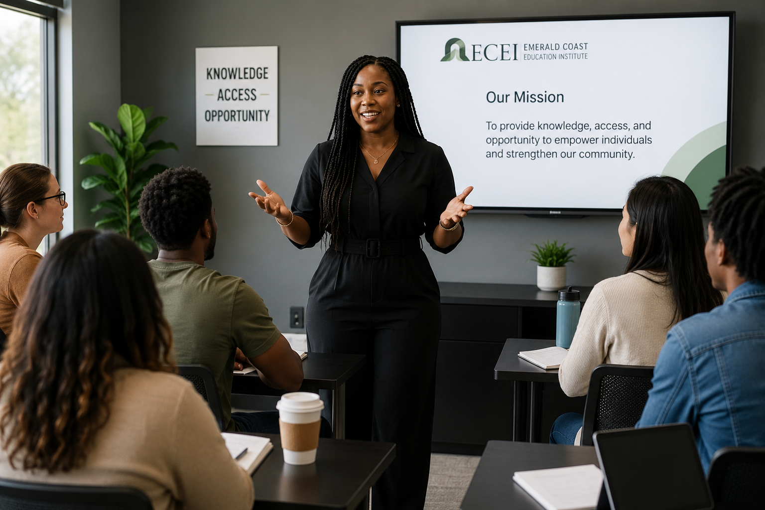 Black woman leading an ECEI Emerald Coast Education Institute education workshop for a diverse group of adult learners.