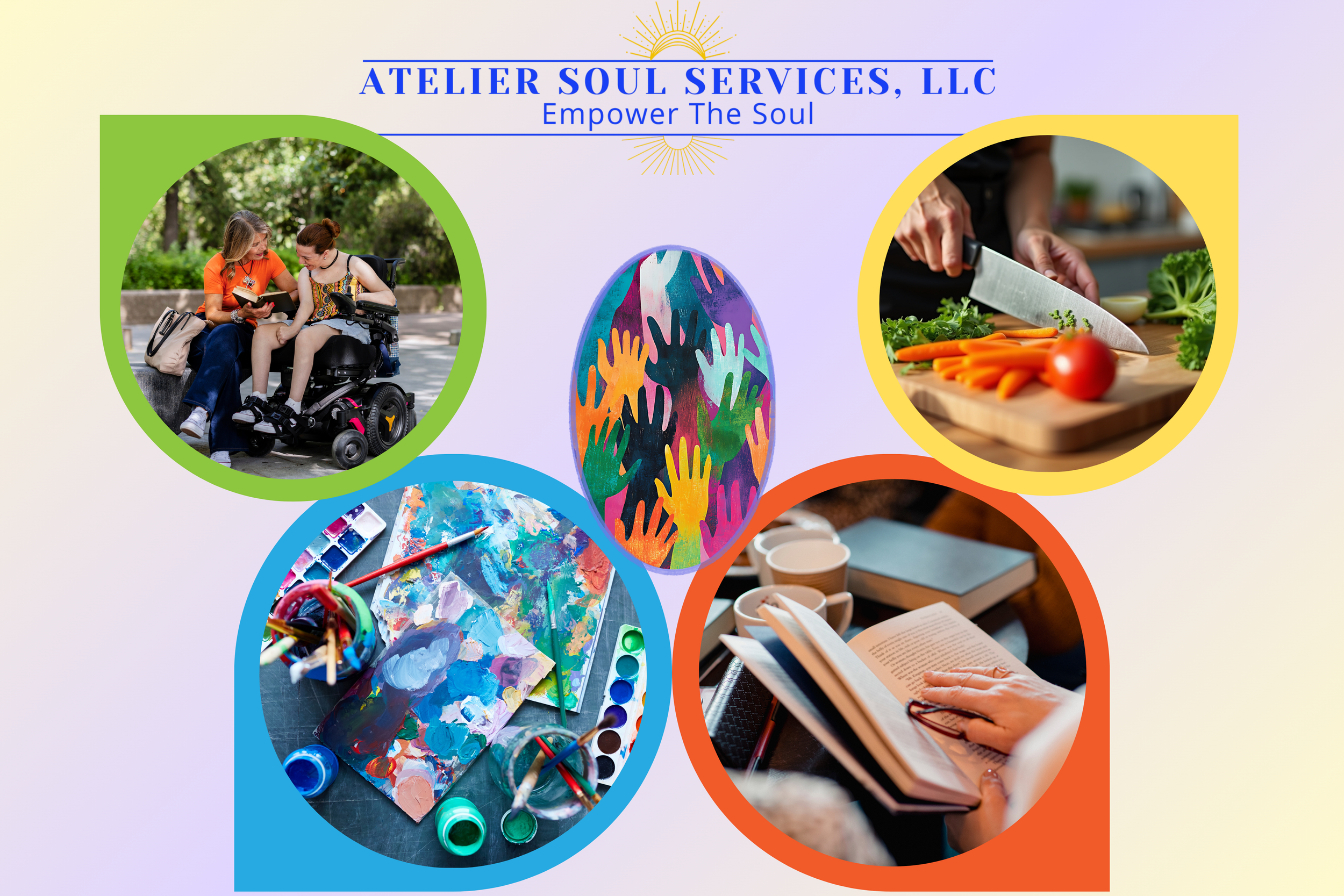 A colorful flyer for Atelier Soul Services, LLC, featuring images of people engaging in various activities, including a woman assisting a young girl in a wheelchair, a person chopping vegetables, painting supplies, and a person reading a book. The flyer emphasizes empowerment of the soul and creativity.