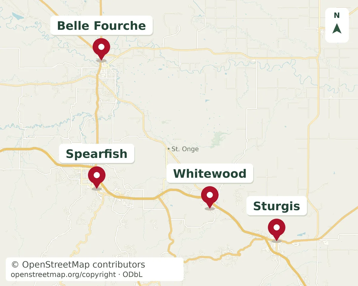 Service area map with pins in Spearfish, Belle Fourche, Whitewood, and Sturgis, South Dakota.