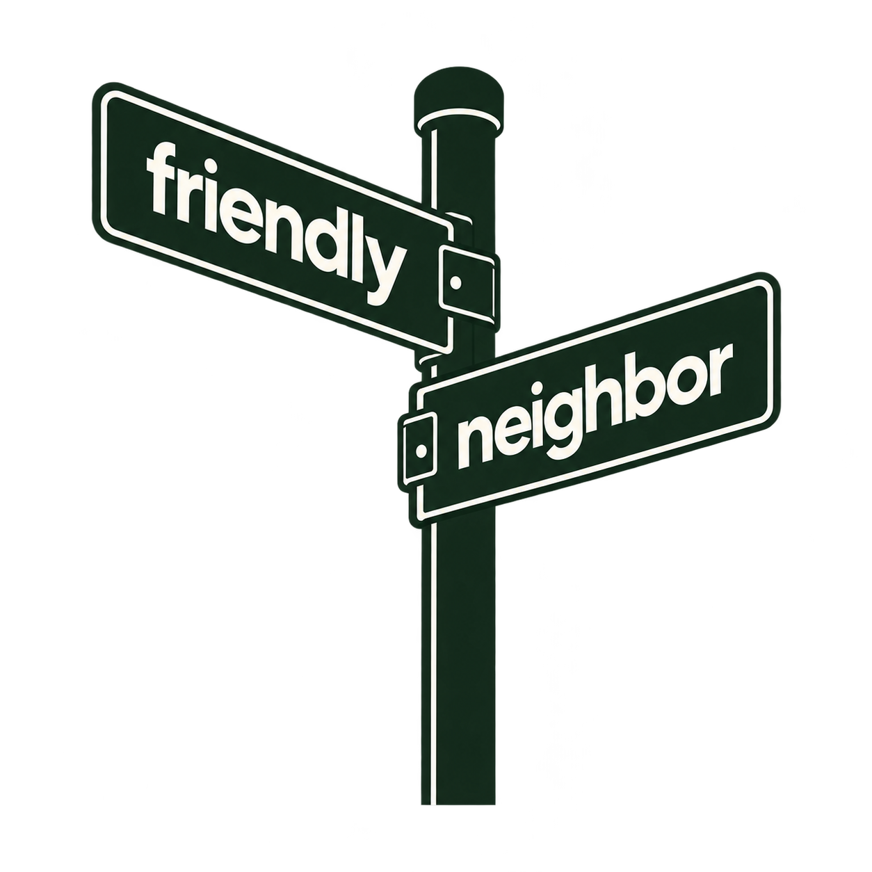 Cross-street sign at an intersection reading "Friendly Neighbor"
