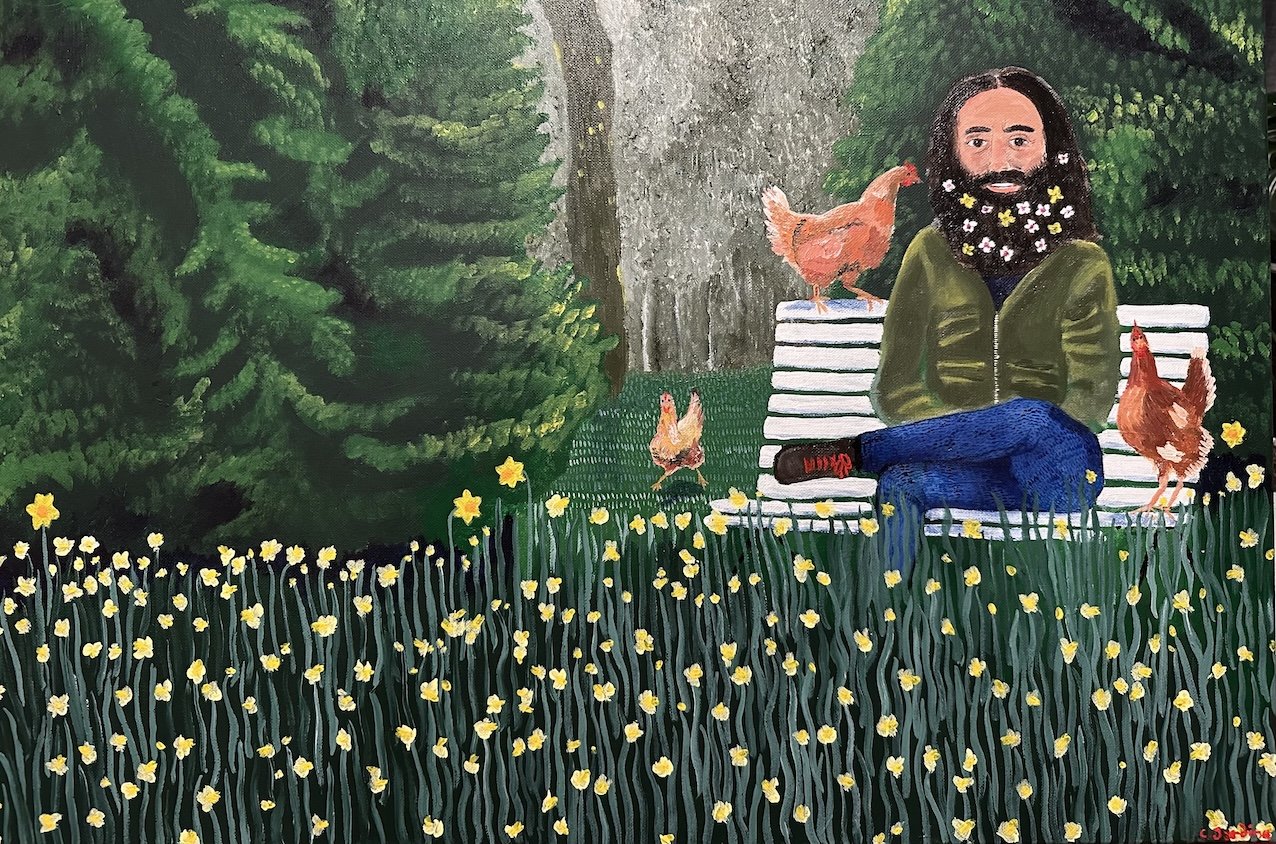 I sit in the garden
50cm x 90cm
Acrylic on canvas
2024
 'I sit in the garden to find my own 'me', that person inside who wants to break free. Away from the tiresome, tedious tech, away from the cynics and all of that mess. 
Give me a garden with tree